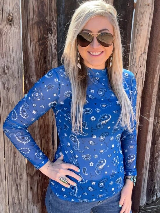 Sterling Kreek Tops - NWT Western Bandana Babe Mesh Top Blue